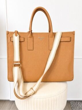 ANNE KLEIN Cognac Leather Tote with Cream Striped Adjustable Strap Multi Pockets